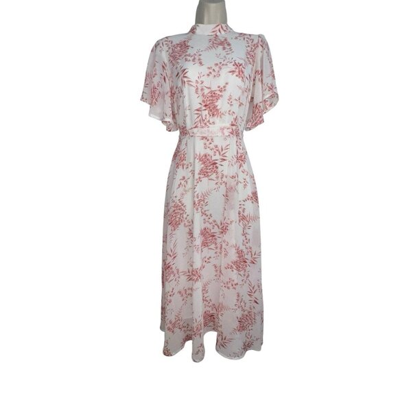 SHEIN WHITE PINK FLORAL MIDI HIGH NECK OPEN TIE BACK‎ WAIST TIE SHORT SLEEVES XS - Picture 1 of 9